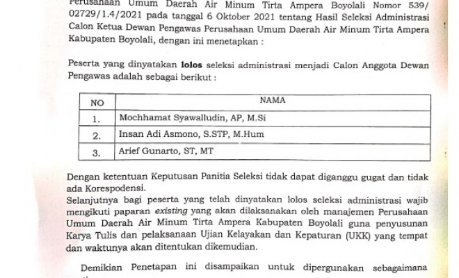 Hasil Seleksi Administrasi Calon Ketua Dewan Pengawas Perusahaan Umum Daerah Air Minum Tirta Ampera...